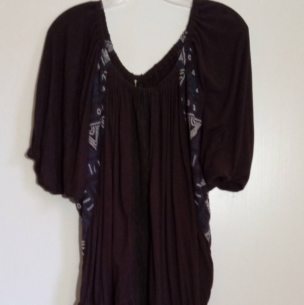 Free People draped faded black blouse with elastic neckline and drawstring waist